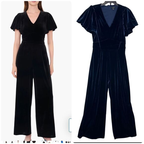 Nordstrom Halogen Navy Blue Velvet Flutter Sleeve Jumpsuit |M - Picture 1 of 9
